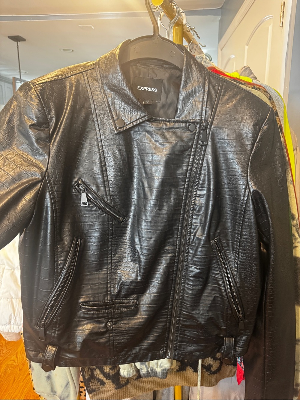 Express Black Croc-Embossed Faux Leather Asymmetrical Bomber Jacket